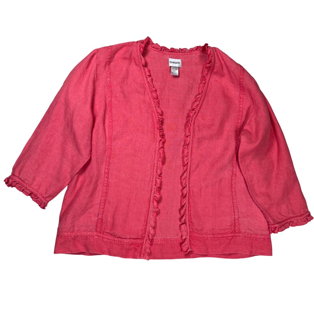 Chico's Linen Open Front Cardigan Women Size 2 Coral Pink Ruffle Trim 3/4 Sleeve